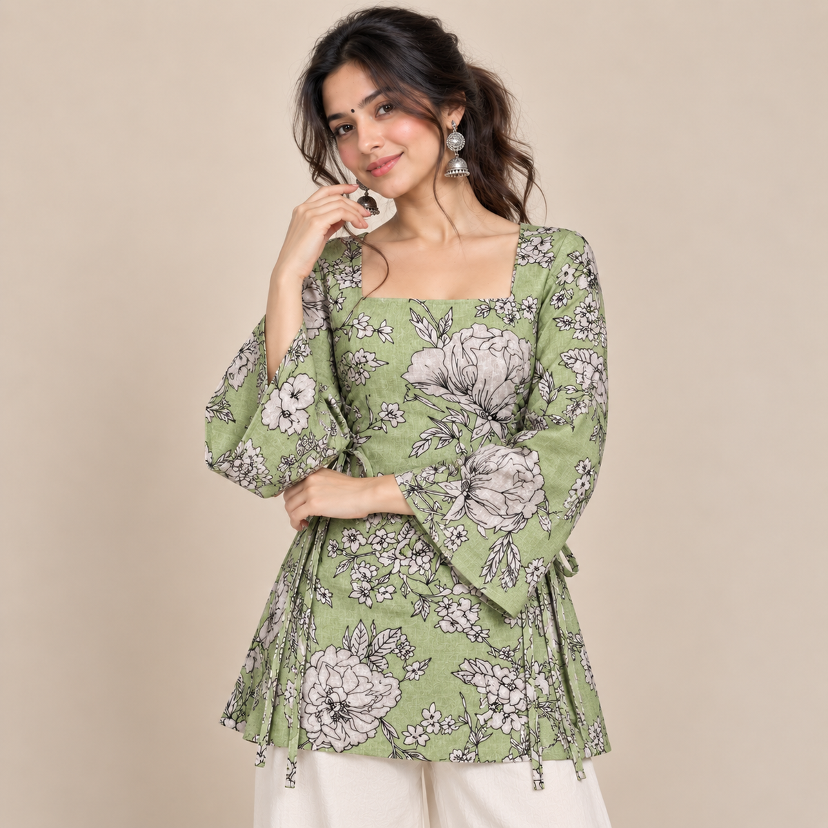 Sage Floral Print- Side Corset Kurti