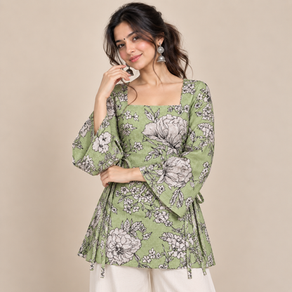 Sage Floral Print- Side Corset Kurti