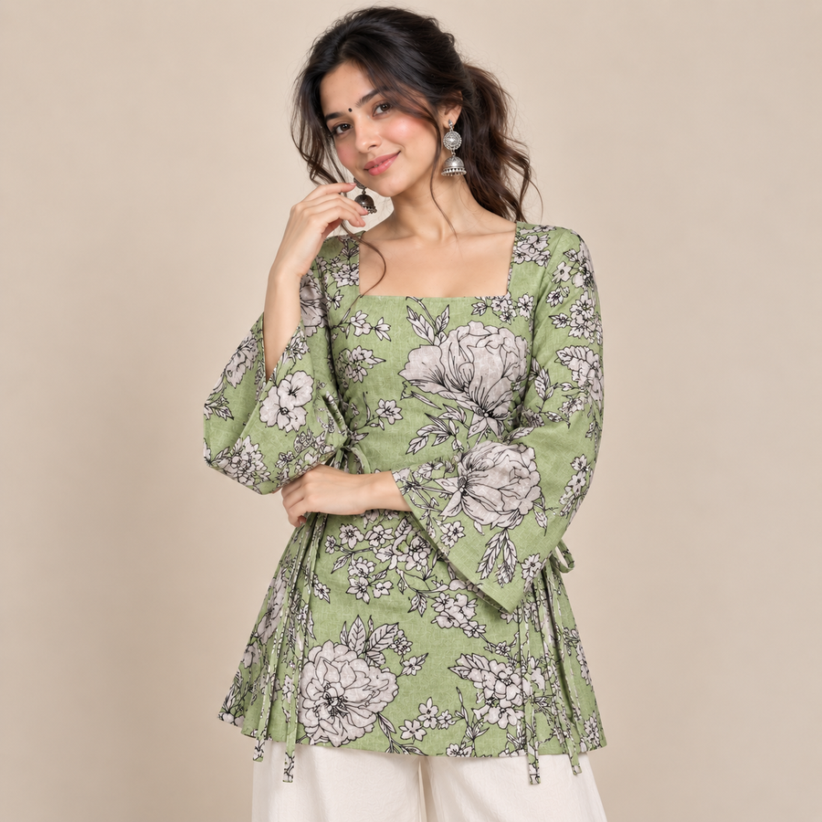Sage Floral Print- Side Corset Kurti