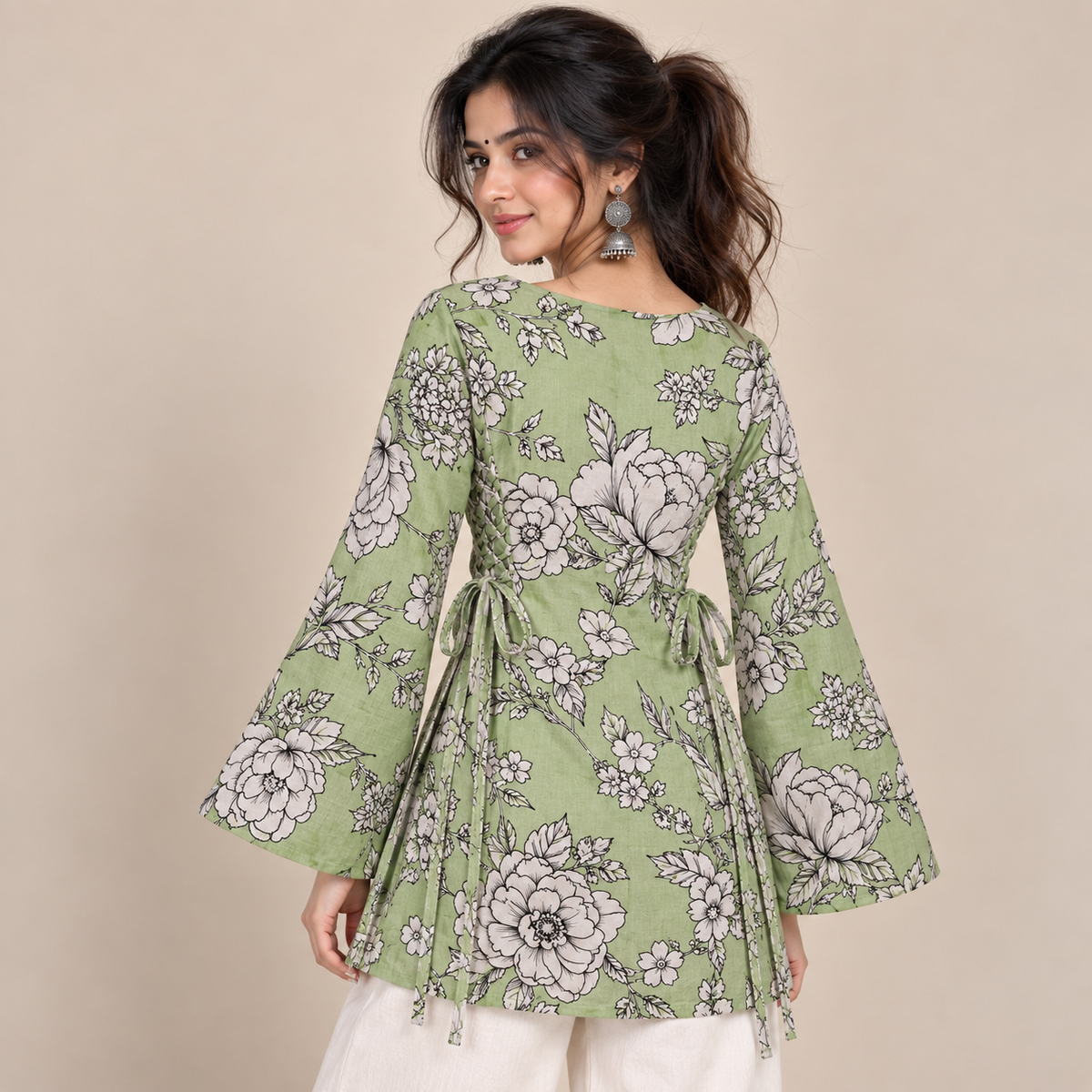 Sage Floral Print- Side Corset Kurti