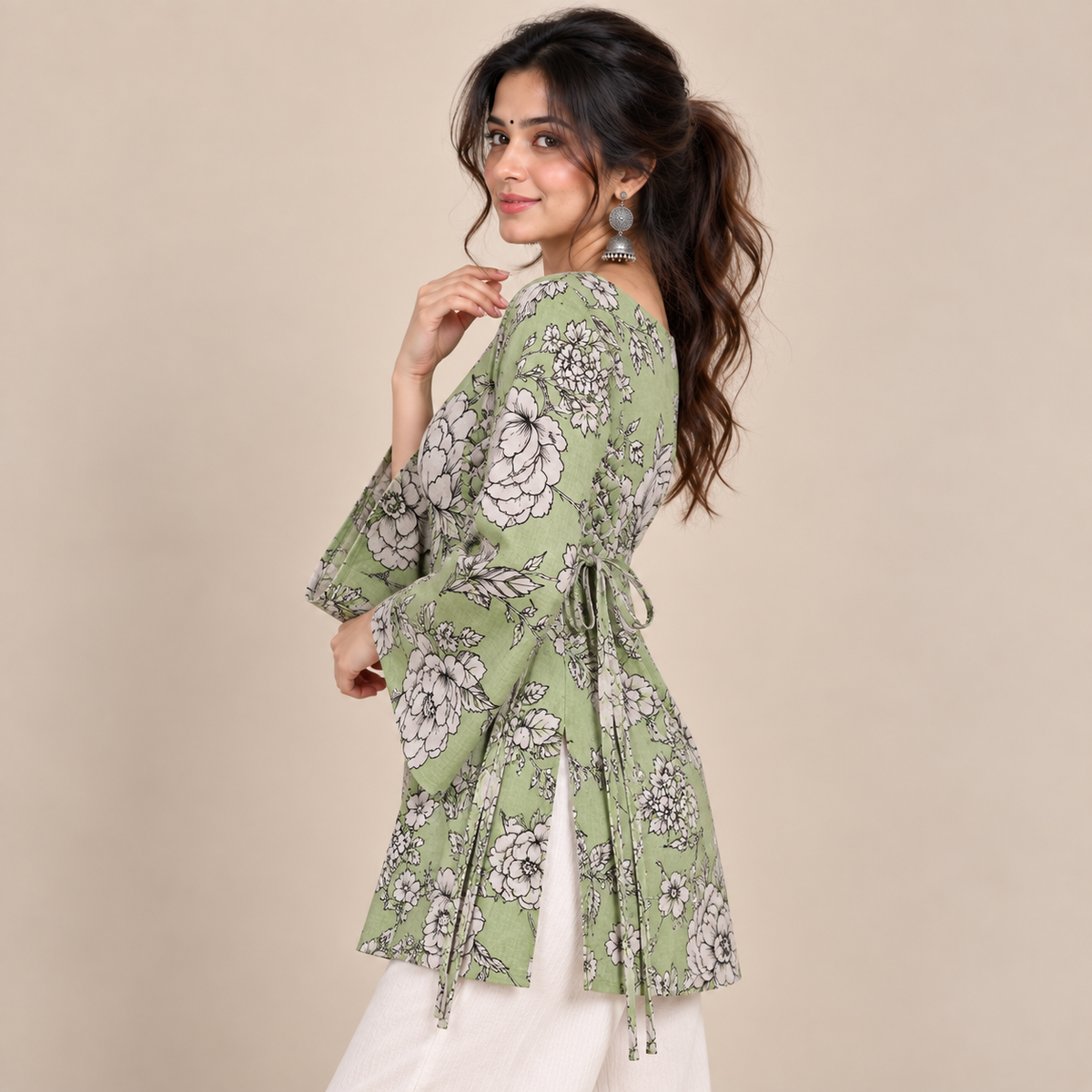 Sage Floral Print- Side Corset Kurti