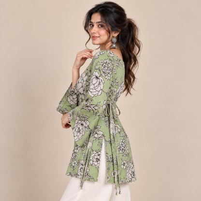 Sage Floral Print- Side Corset Kurti