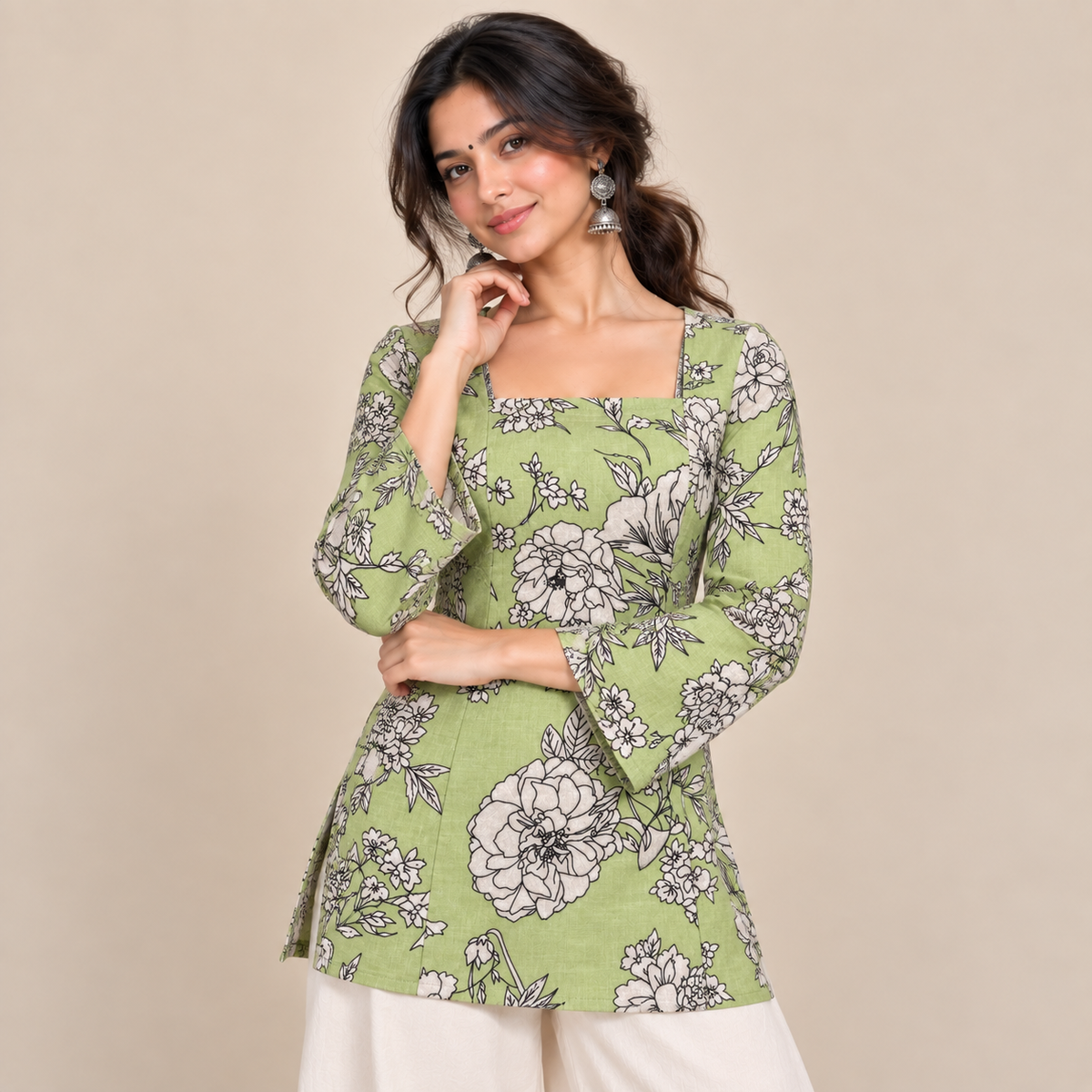 Sage Floral Print- Corset Back Kurti