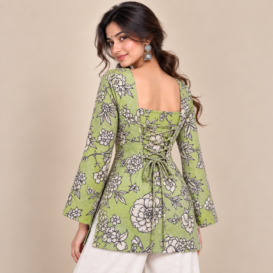 Sage Floral Print- Corset Back Kurti