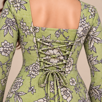Sage Floral Print- Corset Back Kurti