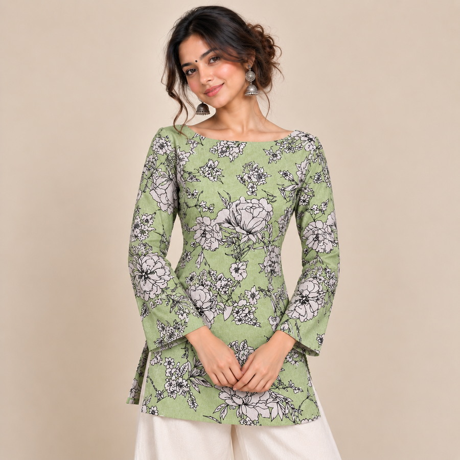 Sage Floral Print- Boat Neck Kurti