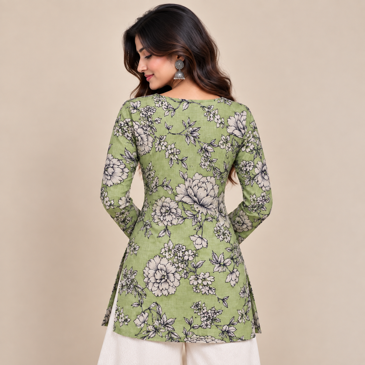 Sage Floral Print- Straight Sleeve Kurti