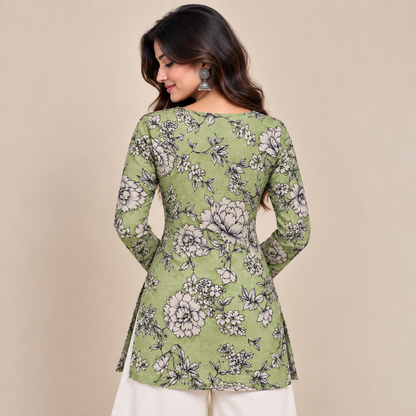 Sage Floral Print- Straight Sleeve Kurti