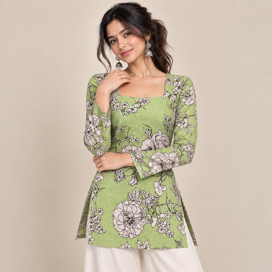 Sage Floral Print- Square Neck Kurti