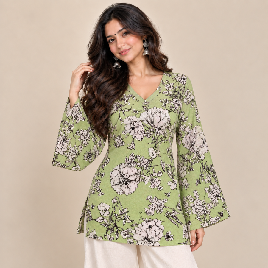 Sage Floral Print- Bell Sleeve Kurti