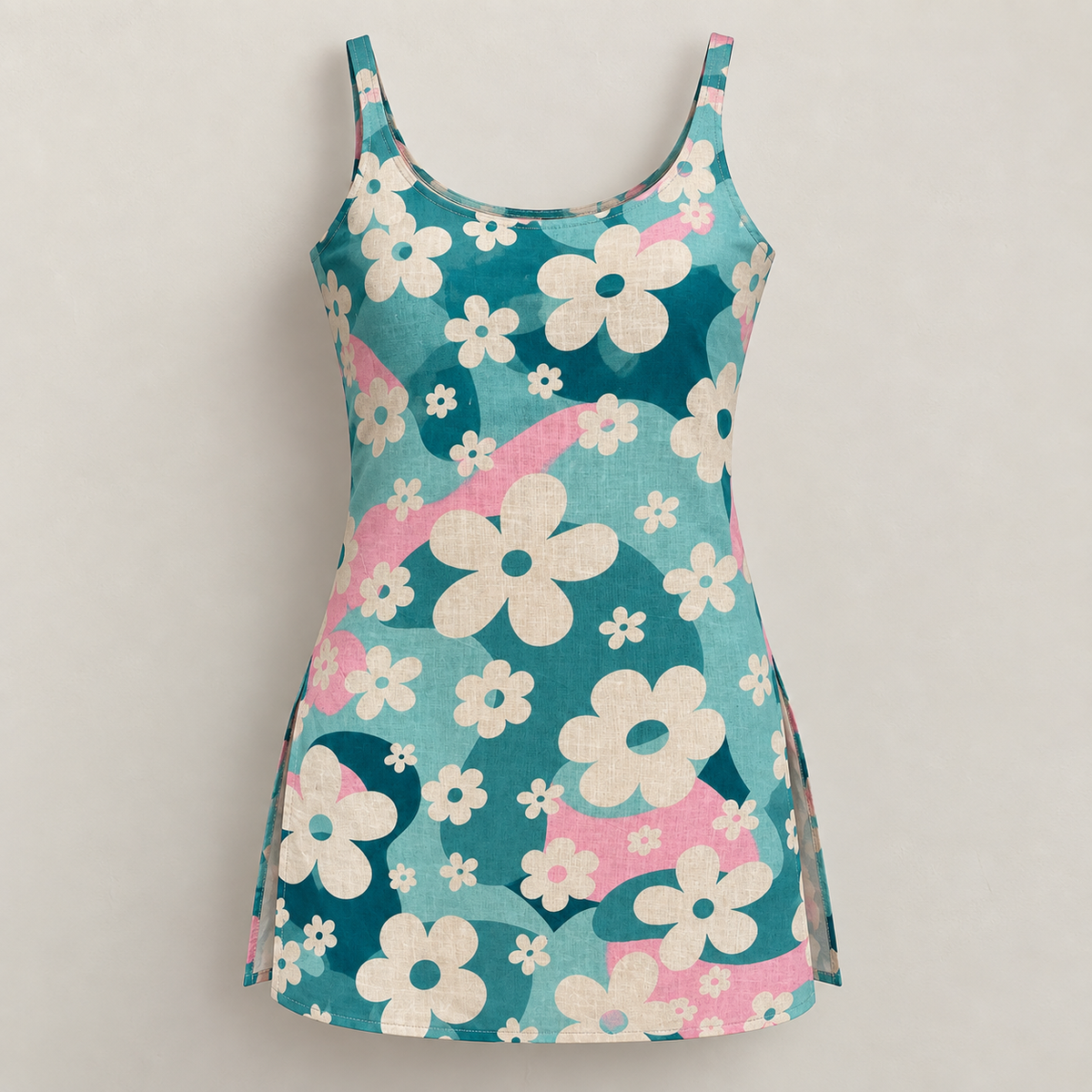 Teal Aqua Floral- Sleeveless Kurti