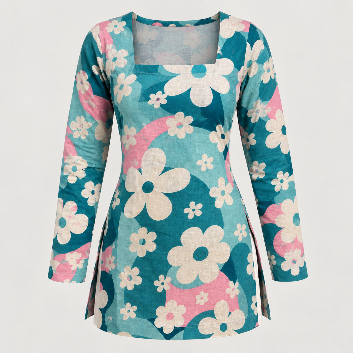Teal Aqua Floral- Square Neck Kurti