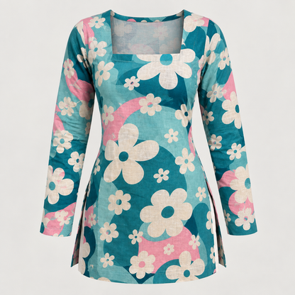 Teal Aqua Floral- Square Neck Kurti