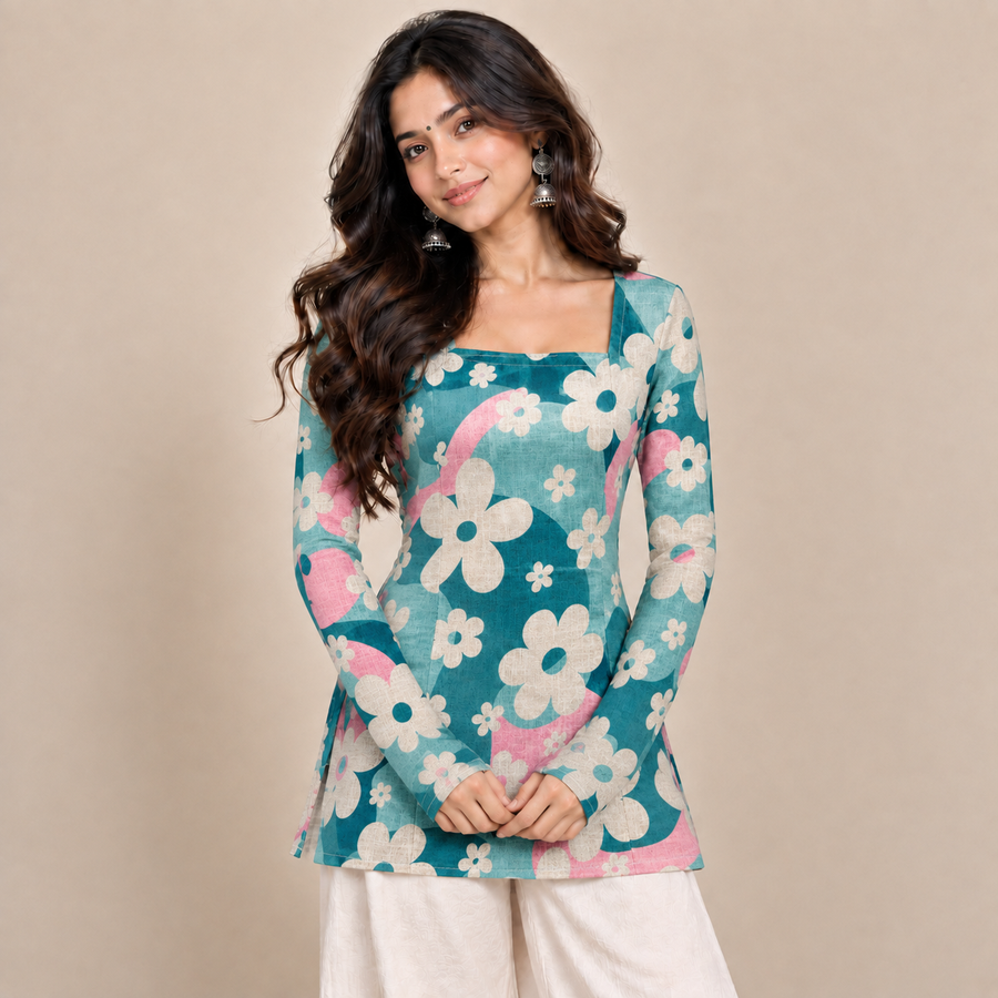 Teal Aqua Floral- Square Neck Kurti