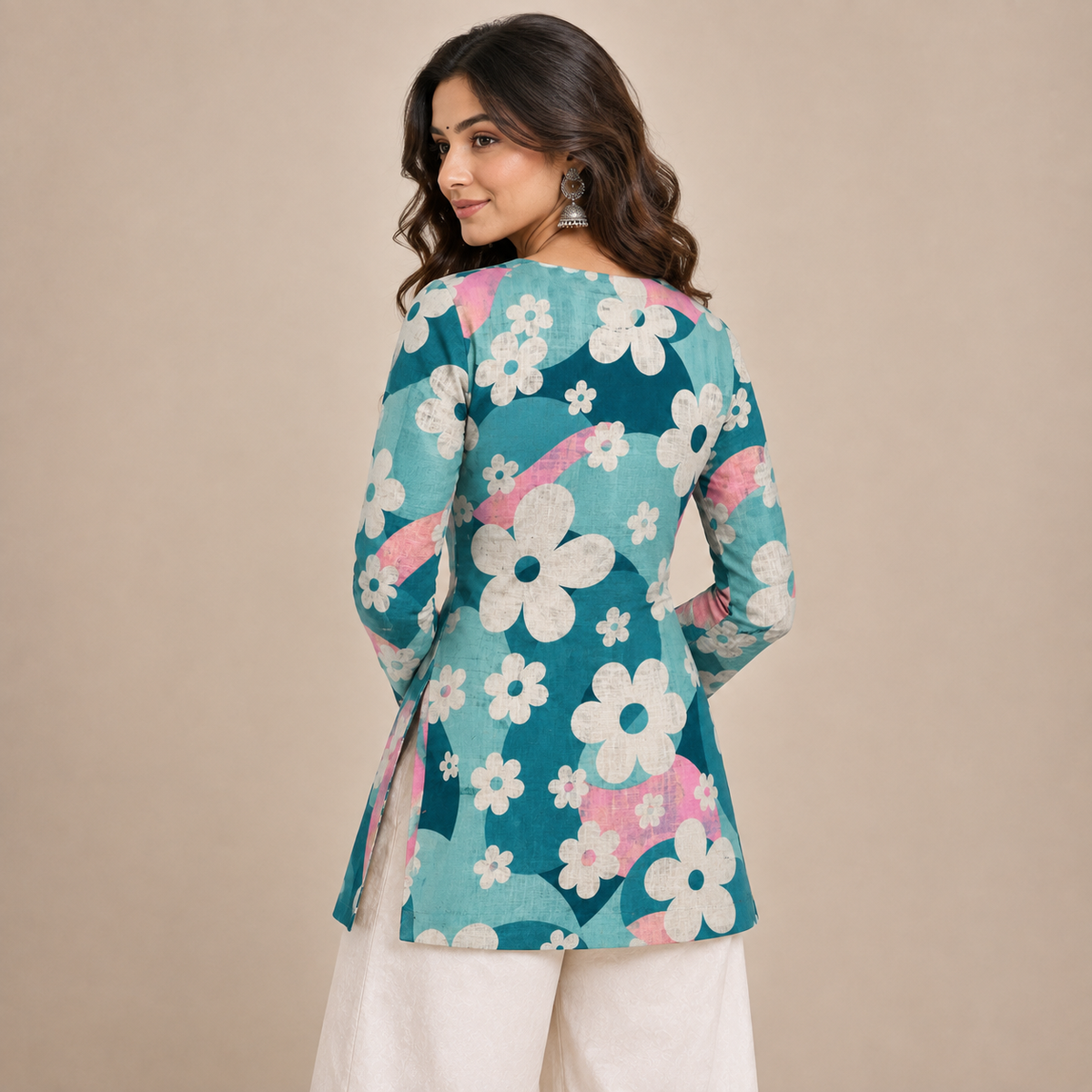 Teal Aqua Floral- Square Neck Kurti