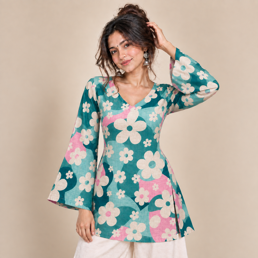 Teal Aqua Floral- Bell Sleeve Kurti