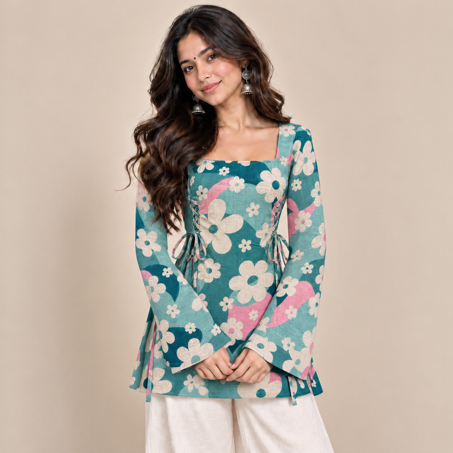 Teal Aqua Floral- Side Corset Kurti