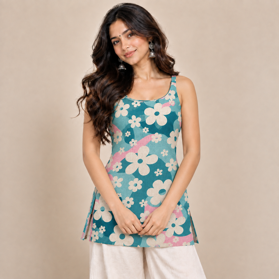 Teal Aqua Floral- Sleeveless Kurti