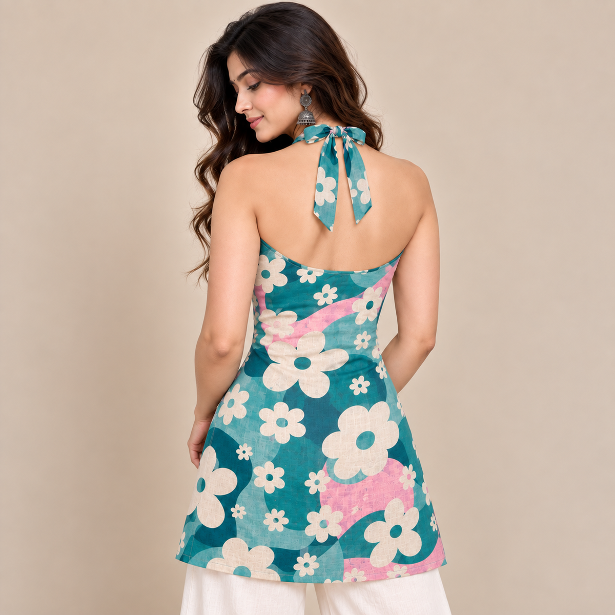 Teal Aqua Floral- Halter Neck Kurti