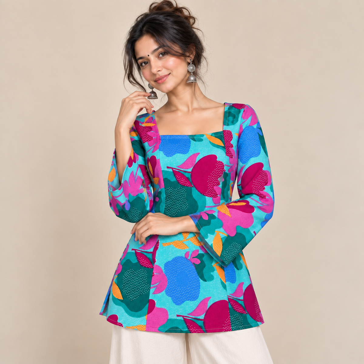 Vibrant Aqua Floral- Corset Back Kurti