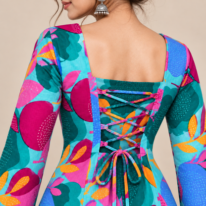 Vibrant Aqua Floral- Corset Back Kurti