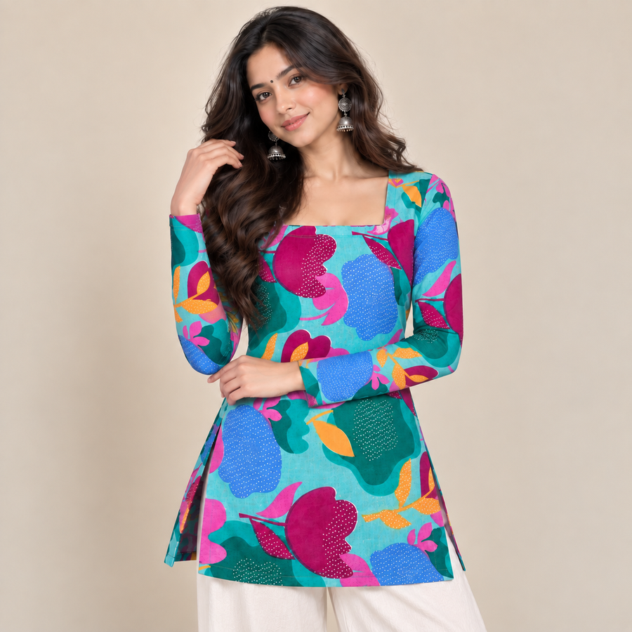 Vibrant Aqua Floral- Square Neck Kurti