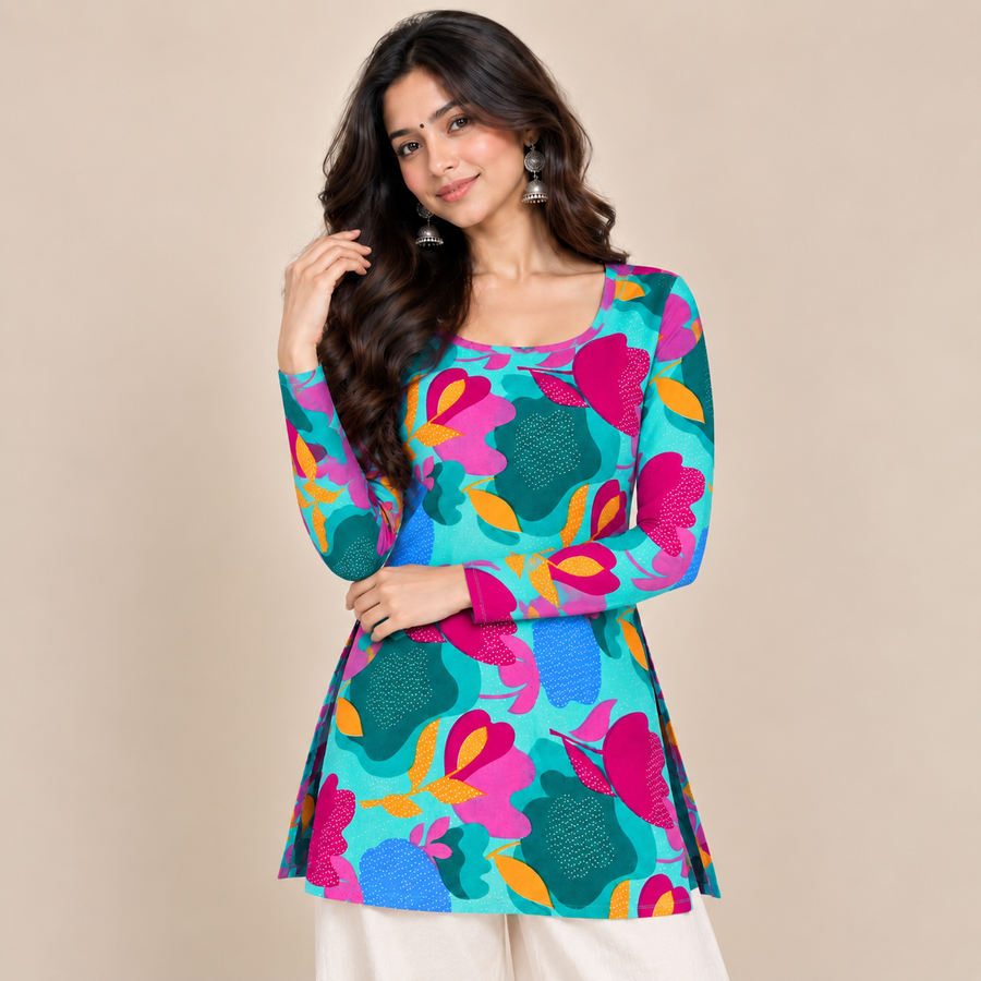 Vibrant Aqua Floral- Boat Neck Kurti