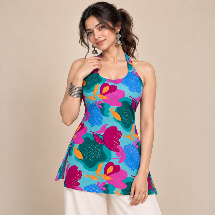 Vibrant Aqua Floral- Halter Neck Kurti