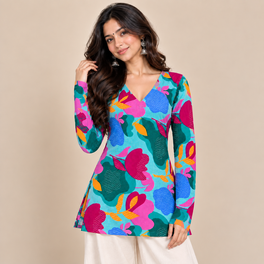 Vibrant Aqua Floral- Straight Sleeve Kurti