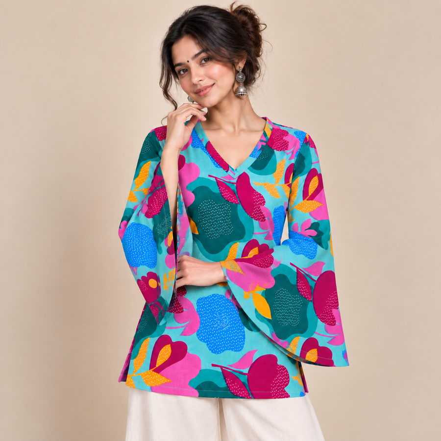 Vibrant Aqua Floral- Bell Sleeve Kurti
