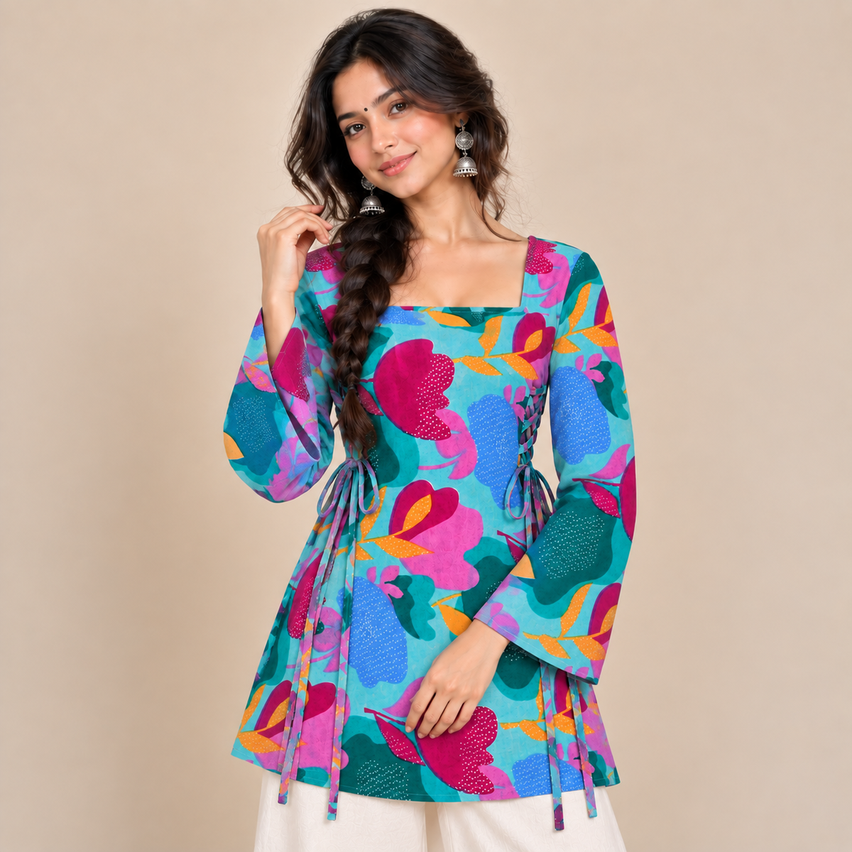 Vibrant Aqua Floral- Side Corset Kurti
