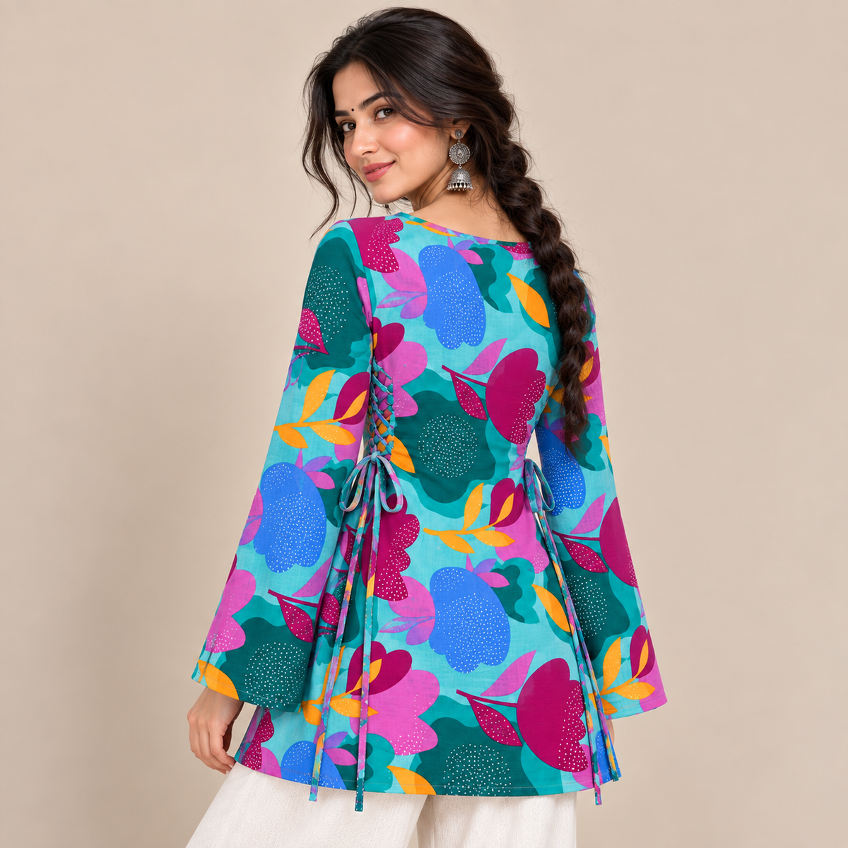 Vibrant Aqua Floral- Side Corset Kurti