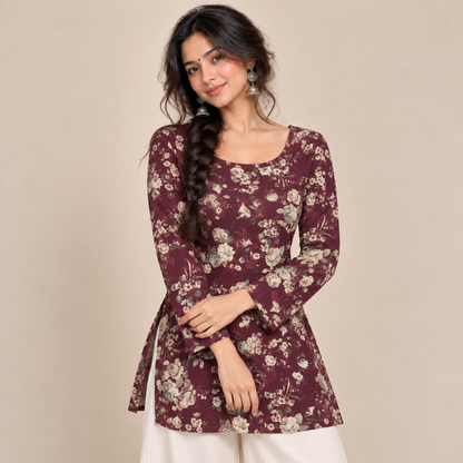 Maroon Floral- Boat Neck Kurti