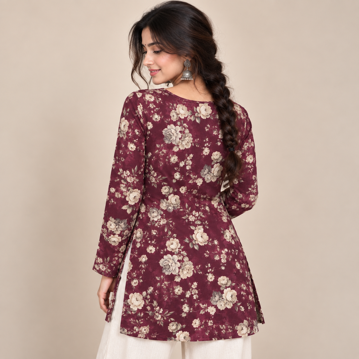 Maroon Floral- Boat Neck Kurti