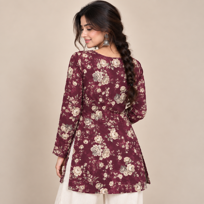 Maroon Floral- Boat Neck Kurti