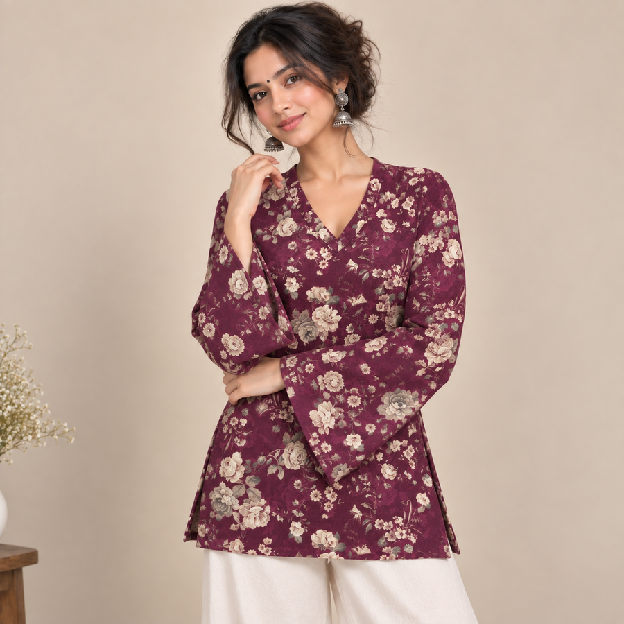 Maroon Floral- Bell Sleeve Kurti