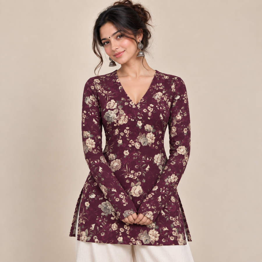 Maroon Floral- Straight Neck Kurti