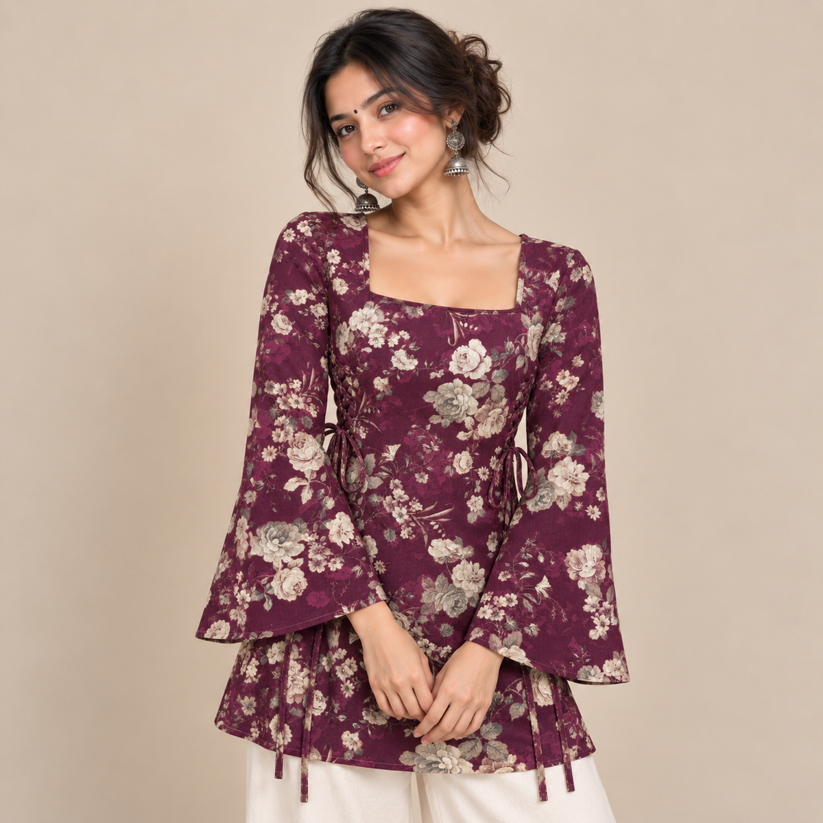 Maroon Floral- Side Corset Kurti
