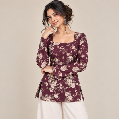 Maroon Floral- Square Neck Kurti