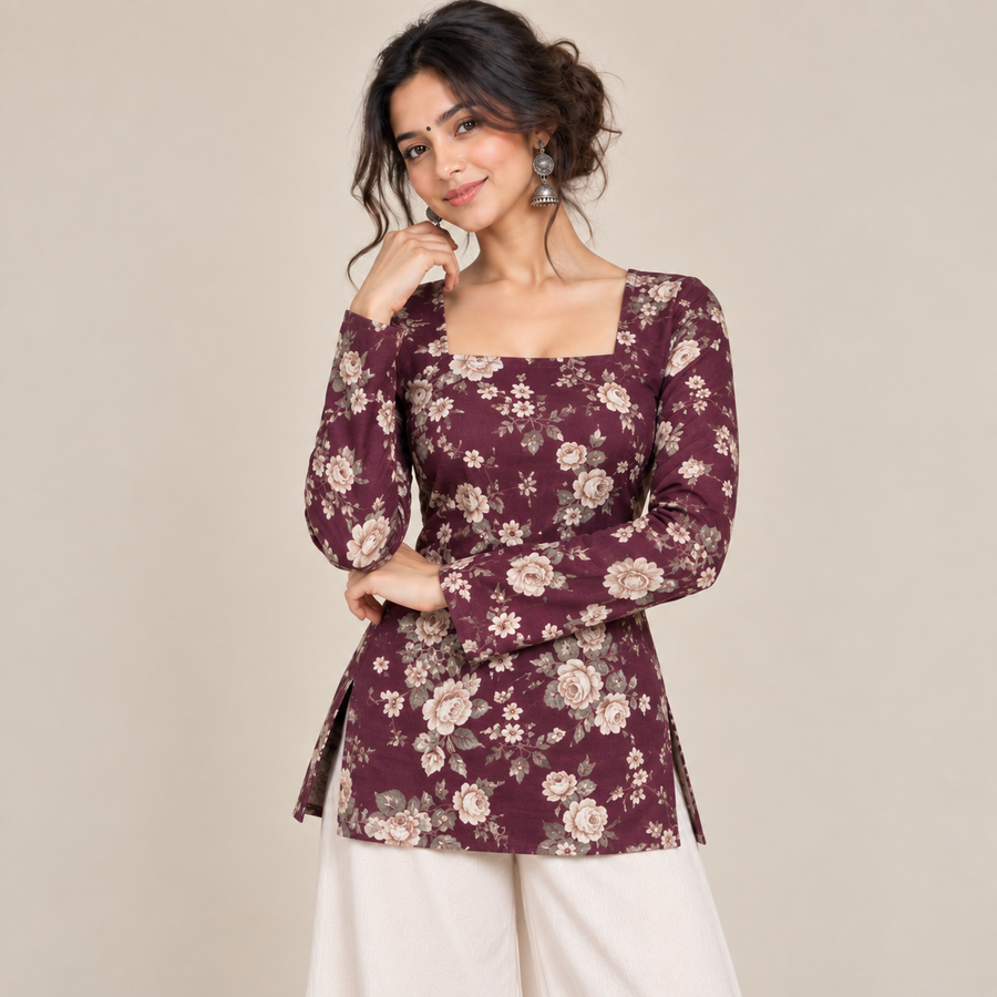 Maroon Floral- Square Neck Kurti