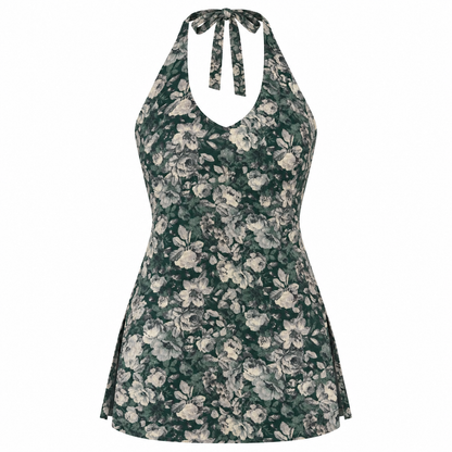 Dark Green Floral- Halter Neck Kurti