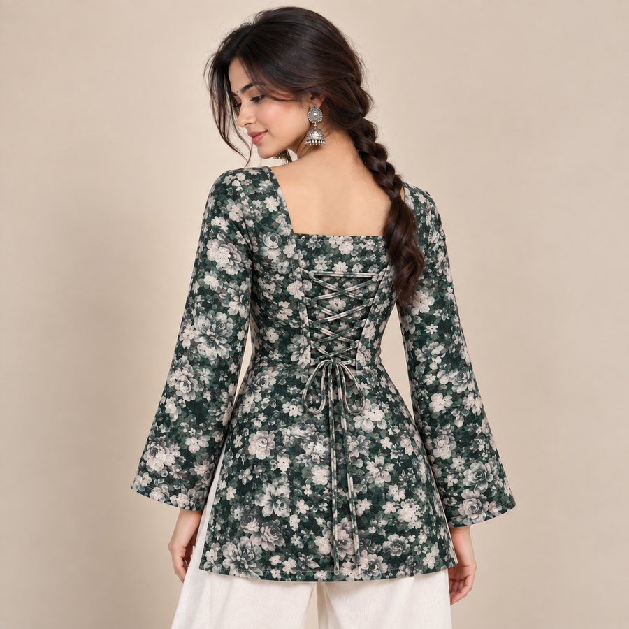 Dark Green Floral- Corset Back Kurti