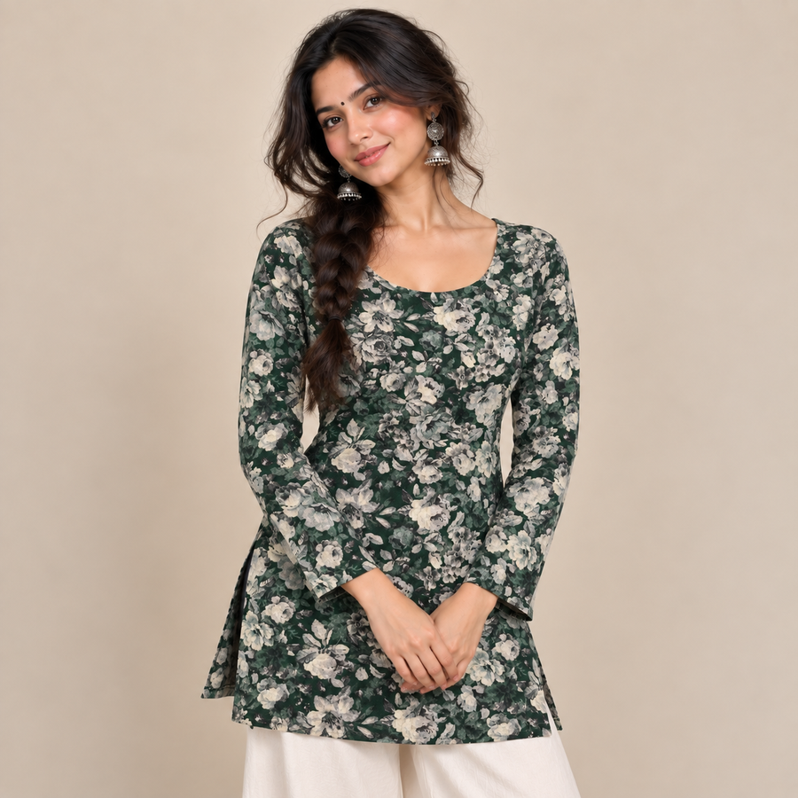 Dark Green Floral- Boat Neck Kurti