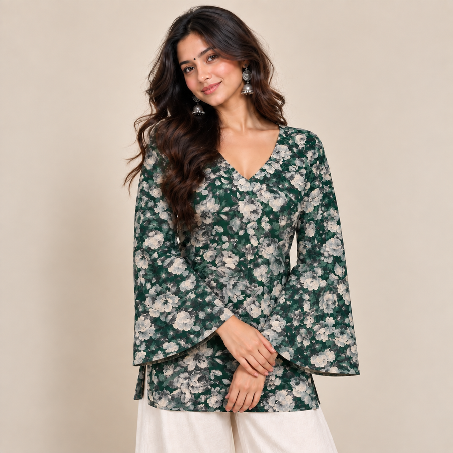 Dark Green Floral- Bell Sleeve Kurti