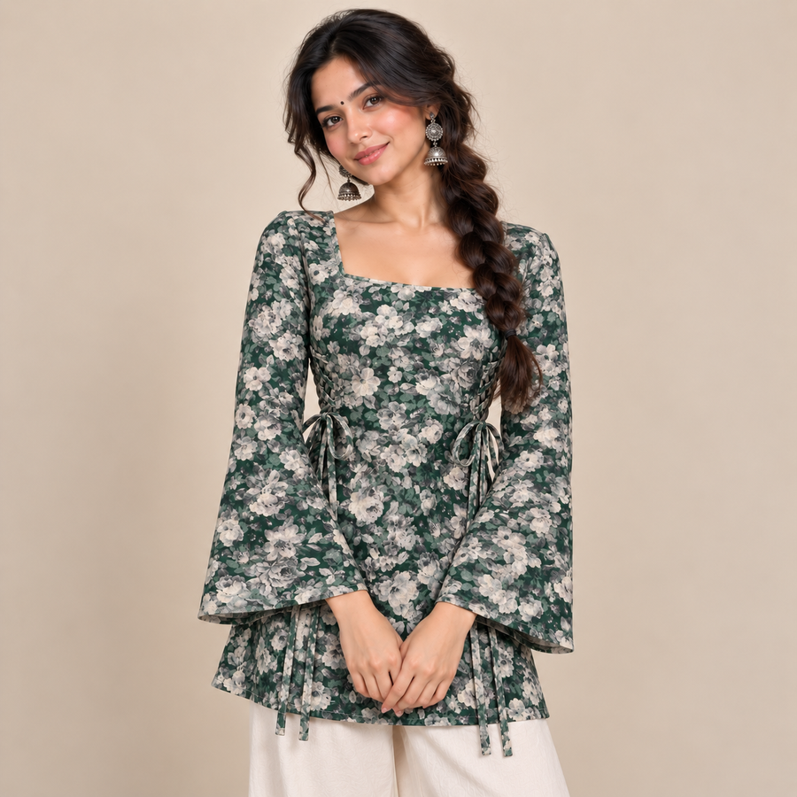 Dark Green Floral- Side Corset Kurti