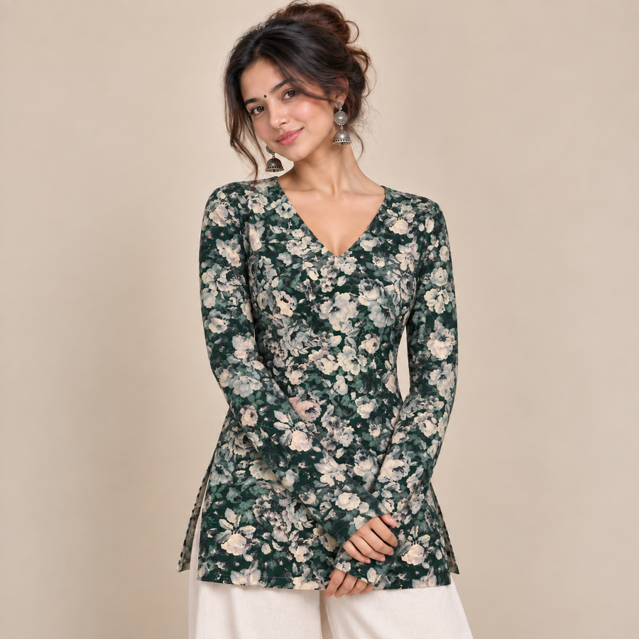 Dark Green Floral- Straight Sleeve Kurti