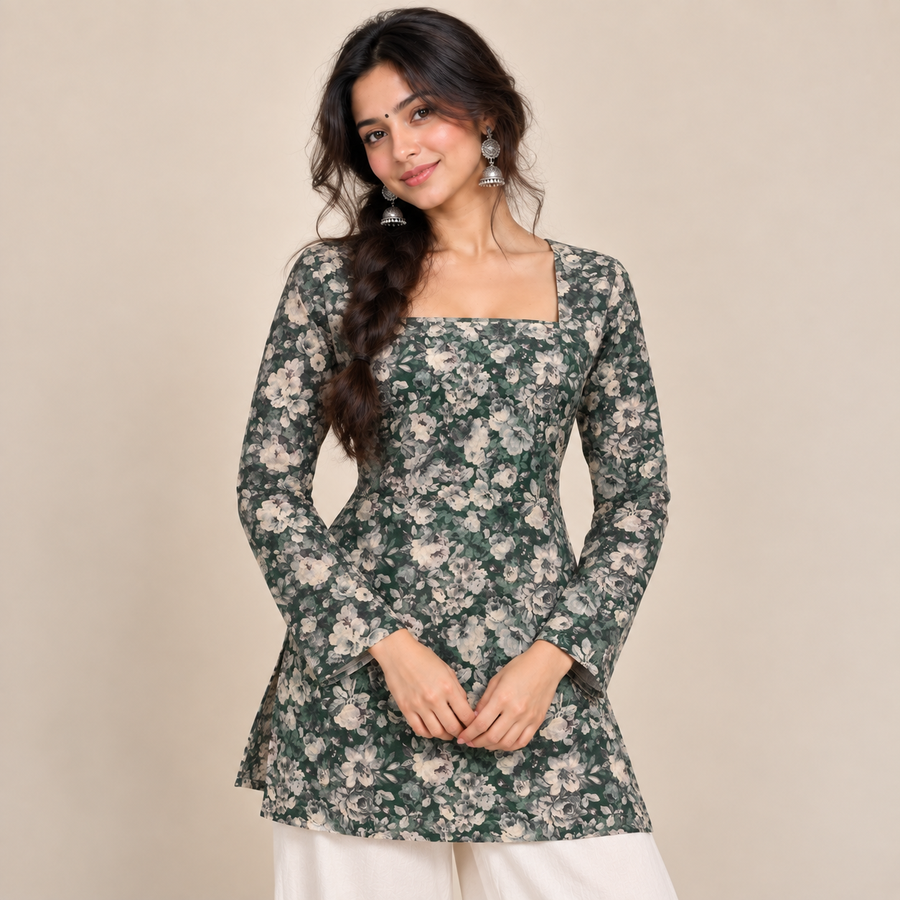 Dark Green Floral- Square Neck Kurti