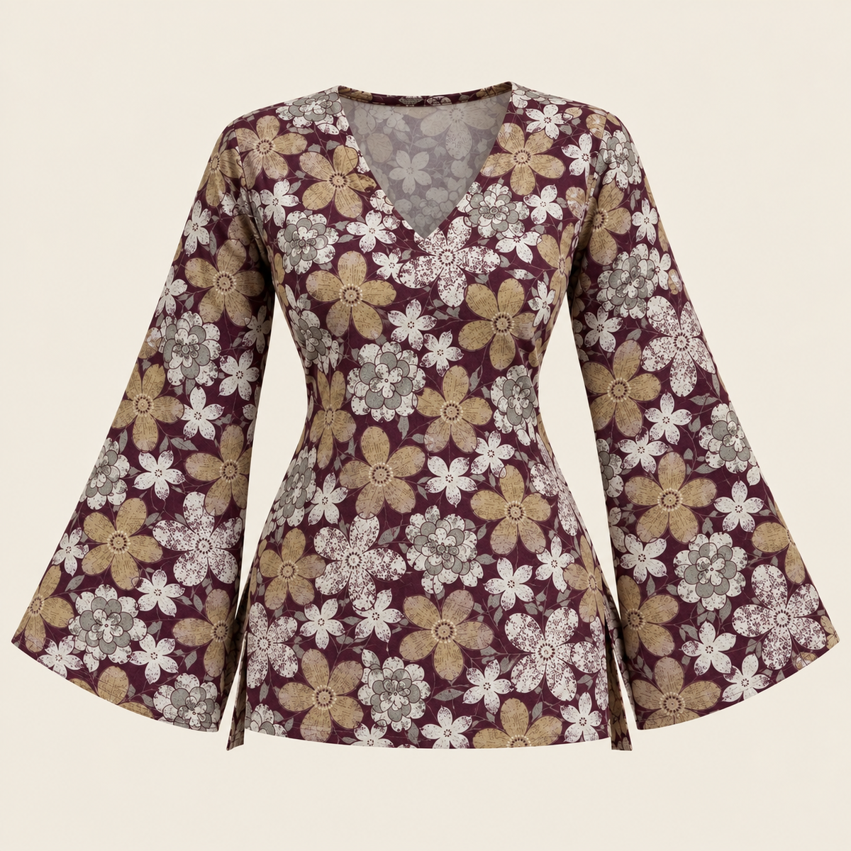 Burgundy Floral- Bell Sleeve Kurti