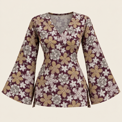 Burgundy Floral- Bell Sleeve Kurti
