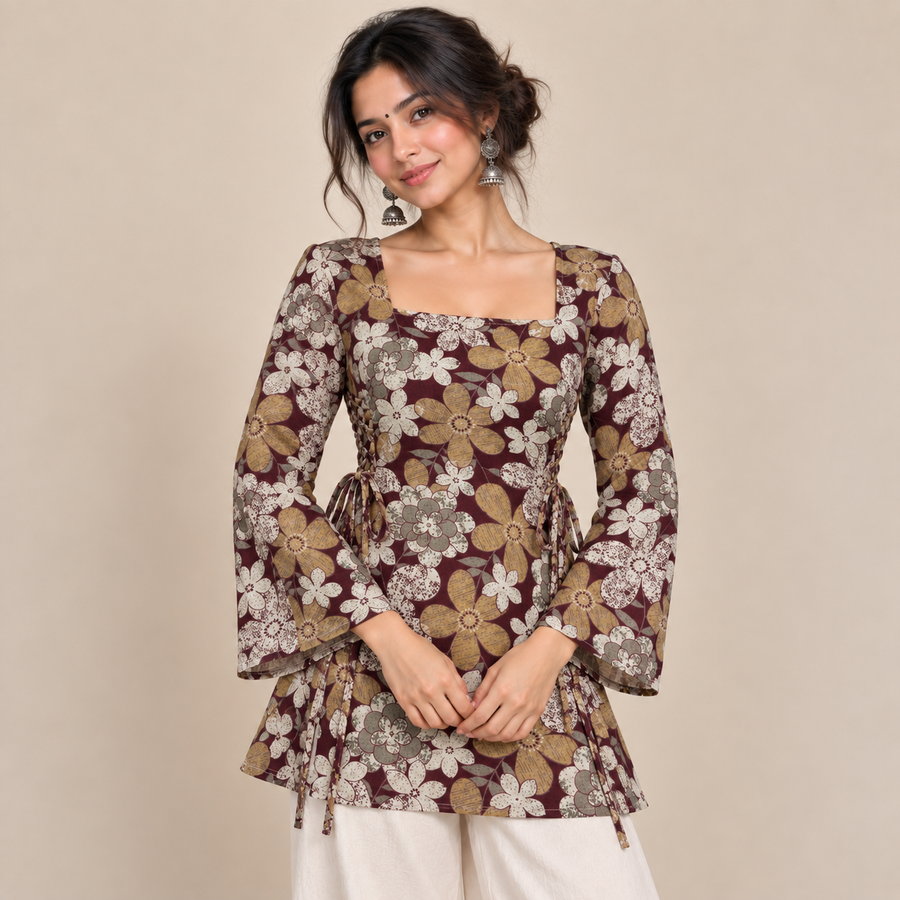 Burgundy Floral- Side Corset Kurti
